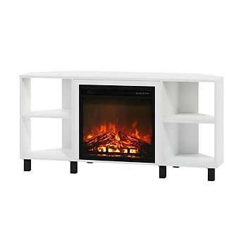 FurniFact Corner Fireplace TV Stand with 4 Open Storage Compartments in Wood Finish
