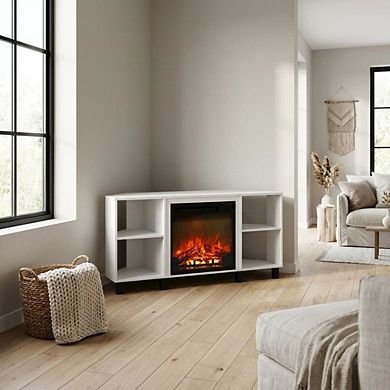 FurniFact Corner Fireplace TV Stand with 4 Open Storage Compartments in Wood Finish