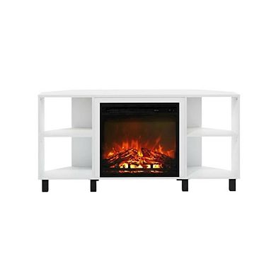 FurniFact Corner Fireplace TV Stand with 4 Open Storage Compartments in Wood Finish