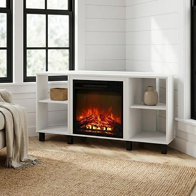 FurniFact Corner Fireplace TV Stand with 4 Open Storage Compartments in Wood Finish