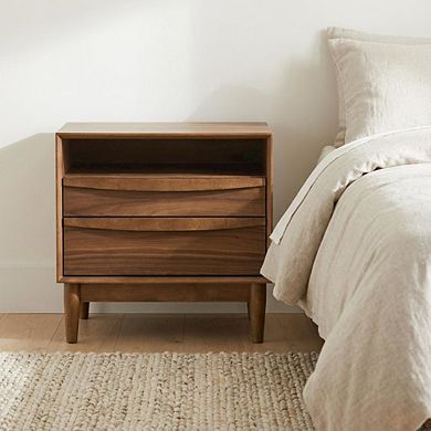 Walnut Finish Nightstand with 2 Drawers and Shelf for Bedroom Storage