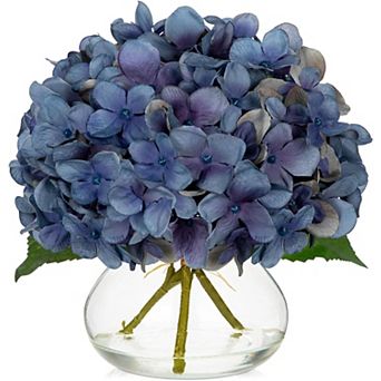Artificial Blue Hydrangea Fall Flowers in Glass Vase, Silk Table Centerpiece Decor