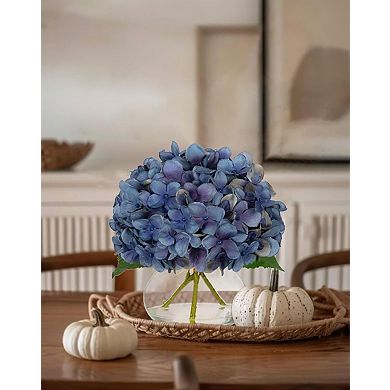 Artificial Blue Hydrangea Fall Flowers in Glass Vase, Silk Table Centerpiece Decor