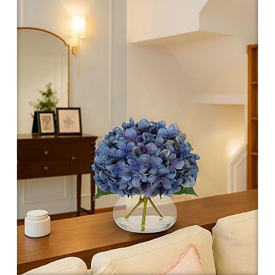 Artificial Blue Hydrangea Fall Flowers in Glass Vase, Silk Table Centerpiece Decor