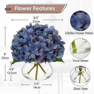 Artificial Blue Hydrangea Fall Flowers in Glass Vase, Silk Table Centerpiece Decor