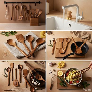 Wooden Kitchen Utensil Set for Nonstick Cookware Long Lasting