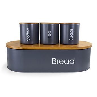 Megachef Pro Bamboo Kitchen Countertop 4 pc Metal Bread Basket and Canister Set in Gray with Lids