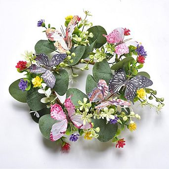 Faux 10-inch Eucalyptus Wreath with Butterflies and Daisies for Home.