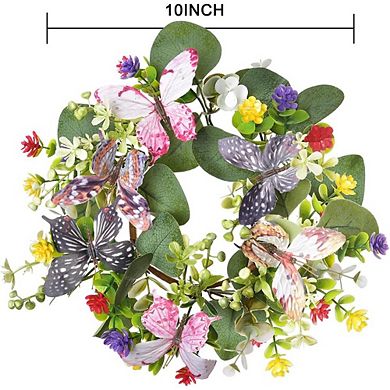 Faux 10-inch Eucalyptus Wreath with Butterflies and Daisies for Home.