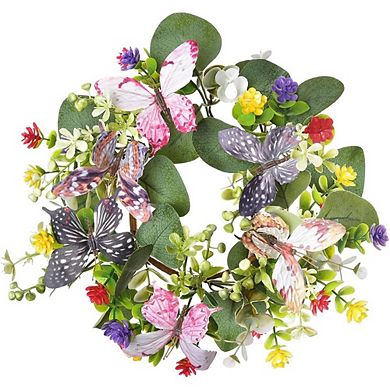 Faux 10-inch Eucalyptus Wreath with Butterflies and Daisies for Home.