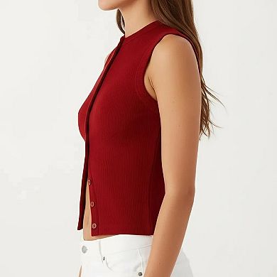 Women's Sleeveless Ribbed Knit Button Front Tank Top Fitted Stretch Casual Summer Layering Top