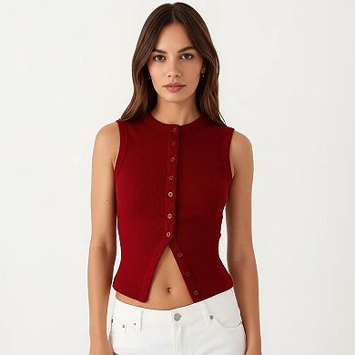 Women's Sleeveless Ribbed Knit Button Front Tank Top Fitted Stretch Casual Summer Layering Top
