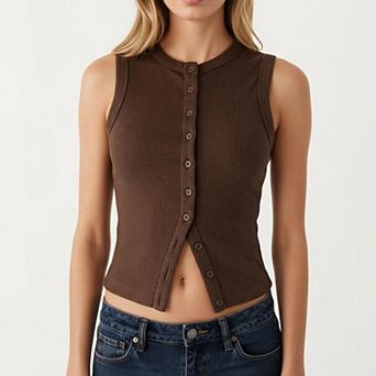 Women's Sleeveless Ribbed Knit Button Front Tank Top Fitted Stretch Casual Summer Layering Top