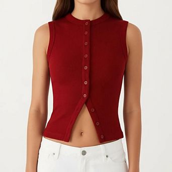 Women's Sleeveless Ribbed Knit Button Front Tank Top Fitted Stretch Casual Summer Layering Top