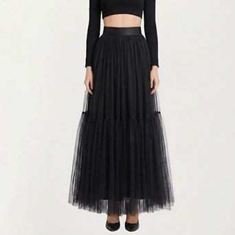 Women's High Waist Layered Tulle Maxi Skirt with Tiered Mesh Overlay Elastic Waistband