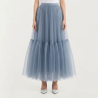 Women's High Waist Layered Tulle Maxi Skirt with Tiered Mesh Overlay Elastic Waistband