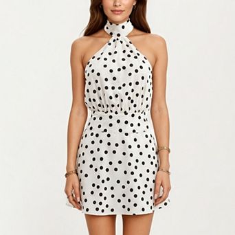 Women's Polka Dot Halter Mini Dress with High Neck Tie Detail Elastic Waist Fitted Silhouette