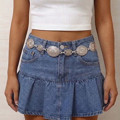 Women's Western Concho Chain Waist Belt - Oval Engraved Medallion Disc, Vintage Boho Statement Style