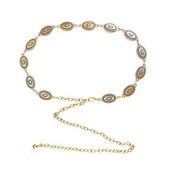 Women's Western Concho Chain Waist Belt - Oval Engraved Medallion Disc, Vintage Boho Statement Style