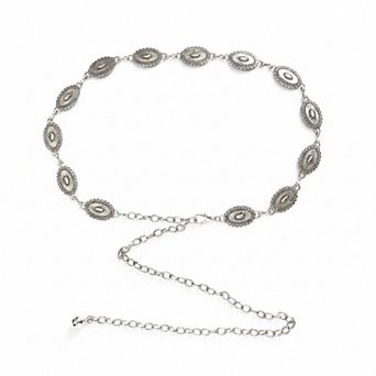 Women's Western Concho Chain Waist Belt - Oval Engraved Medallion Disc, Vintage Boho Statement Style