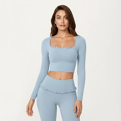 Women's Long Sleeve Square Neck Crop Top Ruffle Trim Stretch Activewear Fitted Workout Top