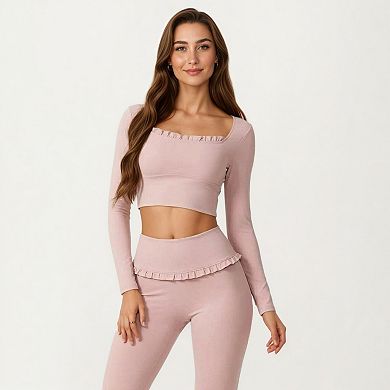 Women's Long Sleeve Square Neck Crop Top Ruffle Trim Stretch Activewear Fitted Workout Top
