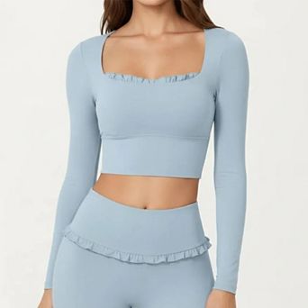 Women's Long Sleeve Square Neck Crop Top Ruffle Trim Stretch Activewear Fitted Workout Top