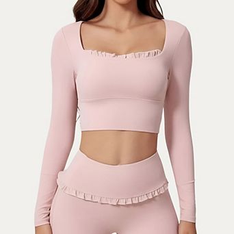 Women's Long Sleeve Square Neck Crop Top Ruffle Trim Stretch Activewear Fitted Workout Top