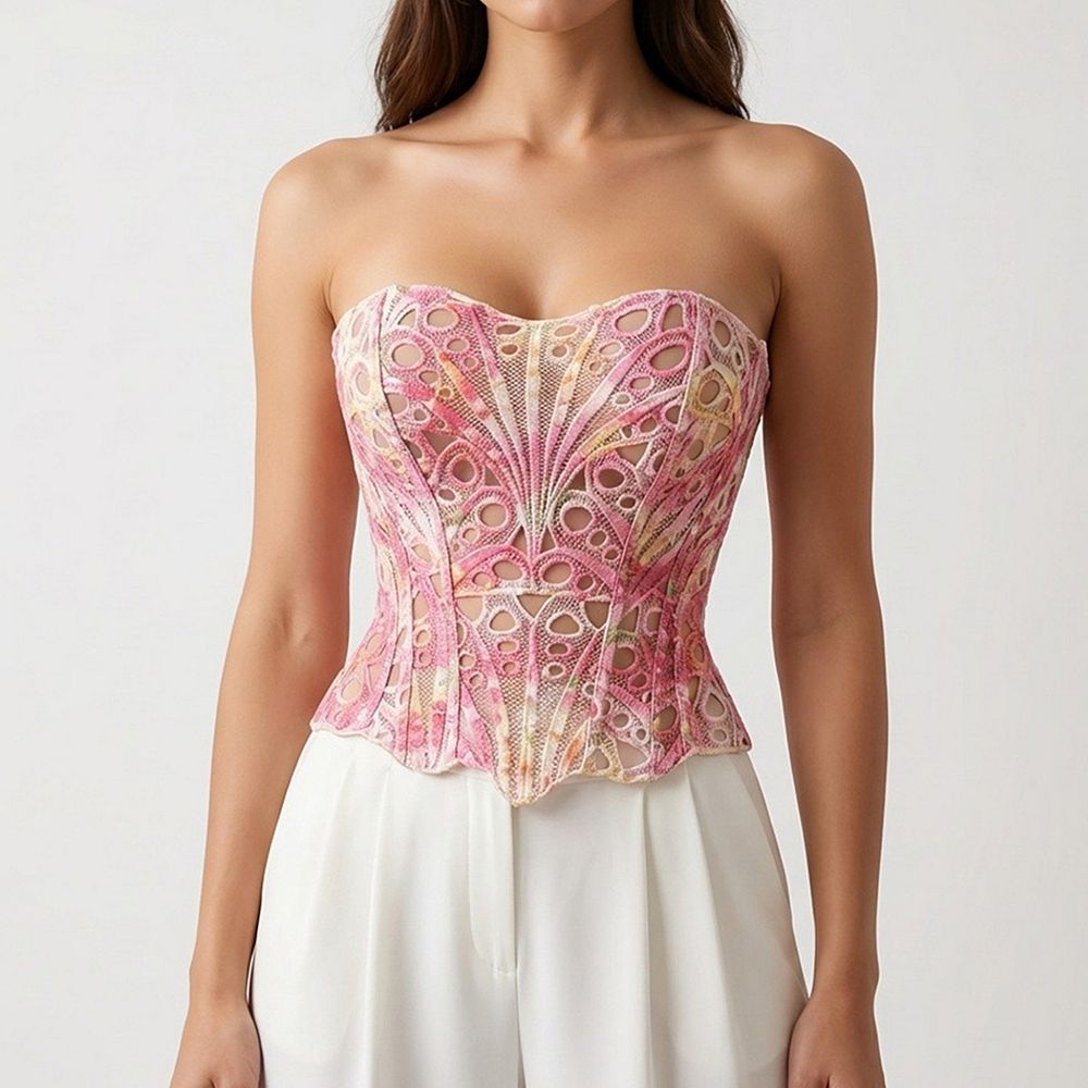 Women's Strapless Lace Corset Top Structured Boned Bustier Peplum