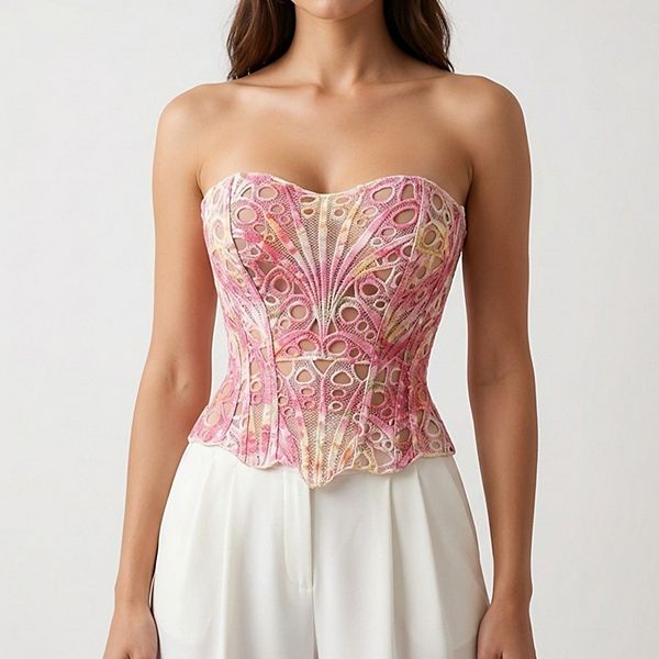 Women's Strapless Lace Corset Top Structured Boned Bustier Peplum
