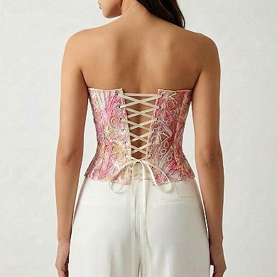 Women's Strapless Lace Corset Top Structured Boned Bustier Peplum Hem Shaping Bodice Statement Top