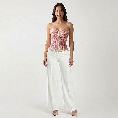 Women's Strapless Lace Corset Top Structured Boned Bustier Peplum Hem Shaping Bodice Statement Top