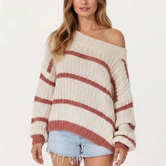 Women's Off Shoulder Striped Knit Sweater Top with Ribbed Boat Neckline Long Sleeves Relaxed Fit