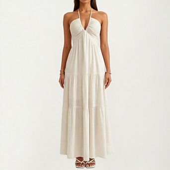 Women's Halter Neck Tiered Maxi Dress with Twist Front Bodice Flowing A Line Silhouette