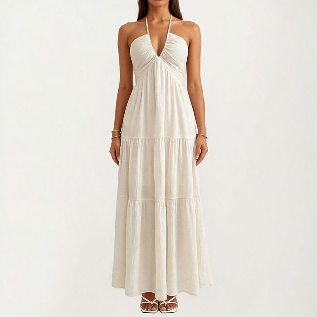 Anna-Kaci Women's Halter Neck Tiered Maxi Dress with Twist Front Bodice Flowing A Line Silhouette, Small 4-6 / White