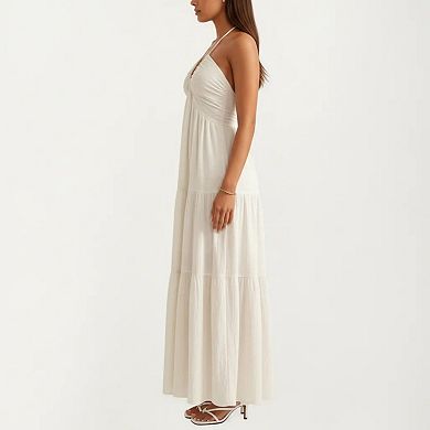 Women's Halter Neck Tiered Maxi Dress with Twist Front Bodice Flowing A Line Silhouette