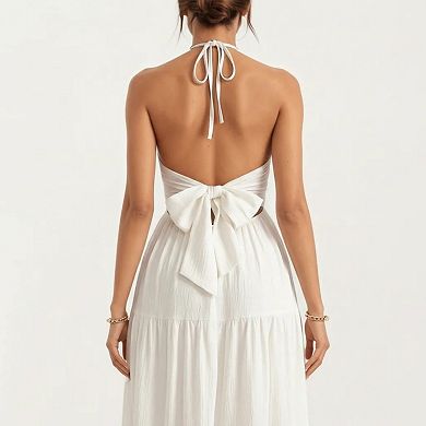 Women's Halter Neck Tiered Maxi Dress with Twist Front Bodice Flowing A Line Silhouette