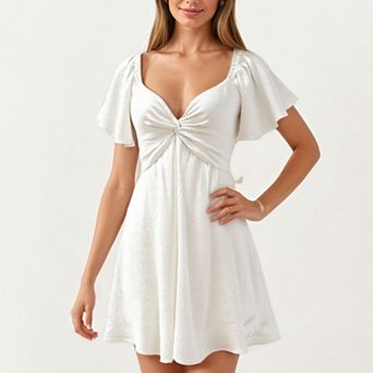 Women's Sweetheart Twist Front Mini Dress with Flutter Sleeves Smocked Back Flowy A Line Silhouette