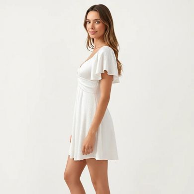 Women's Sweetheart Twist Front Mini Dress with Flutter Sleeves Smocked Back Flowy A Line Silhouette