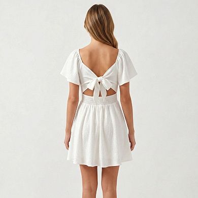 Women's Sweetheart Twist Front Mini Dress with Flutter Sleeves Smocked Back Flowy A Line Silhouette