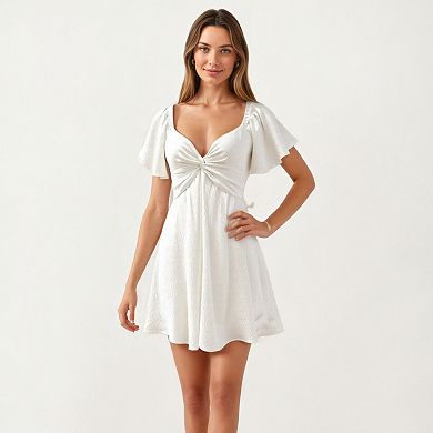 Women's Sweetheart Twist Front Mini Dress with Flutter Sleeves Smocked Back Flowy A Line Silhouette
