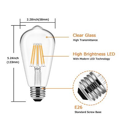 ST58 Edison LED Bulb 60W Equivalent, E26 Base 2700K Warm White Vintage Filament, 4 Pack