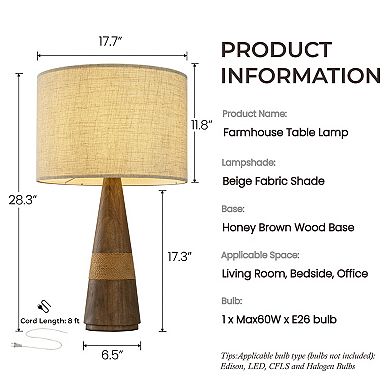 28'' Farmhouse Honey Brown Wood Bedside Table Lamp Classic Drum Shape Nightstand Lamp