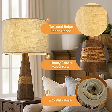28'' Farmhouse Honey Brown Wood Bedside Table Lamp Classic Drum Shape Nightstand Lamp
