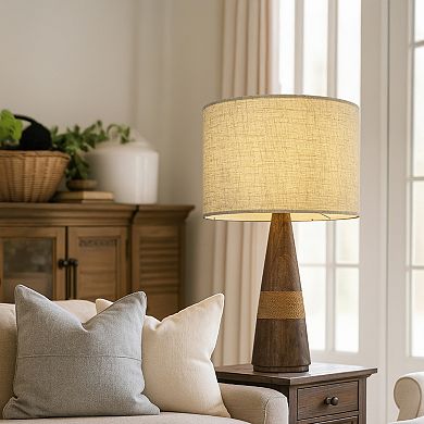 28'' Farmhouse Honey Brown Wood Bedside Table Lamp Classic Drum Shape Nightstand Lamp