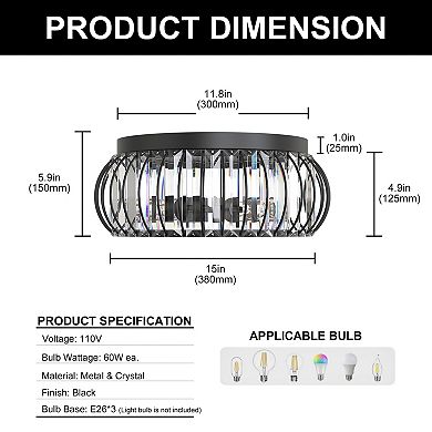 3-Light Traditional Flush Mount Ceiling Light, 15" Black Finish with Crystal Shade for Hallway