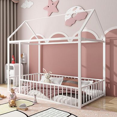 GOODSILO Metal House Bed Frame with Playhouse Design Fence