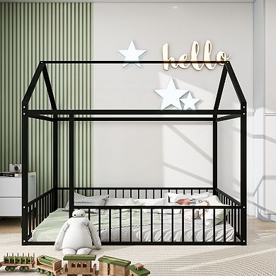 GOODSILO Metal House Bed Frame with Playhouse Design Fence
