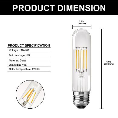 T25/T30 Edison LED Tubular Bulb 40W Equivalent, E26 Base 2700K Warm White Dimmable Vintage, 4 Pack