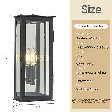 1 Light H12 in. Modern Matte Black Outdoor Wall Light with Dusk-to-Dawn Sensor Simplicity Exterior